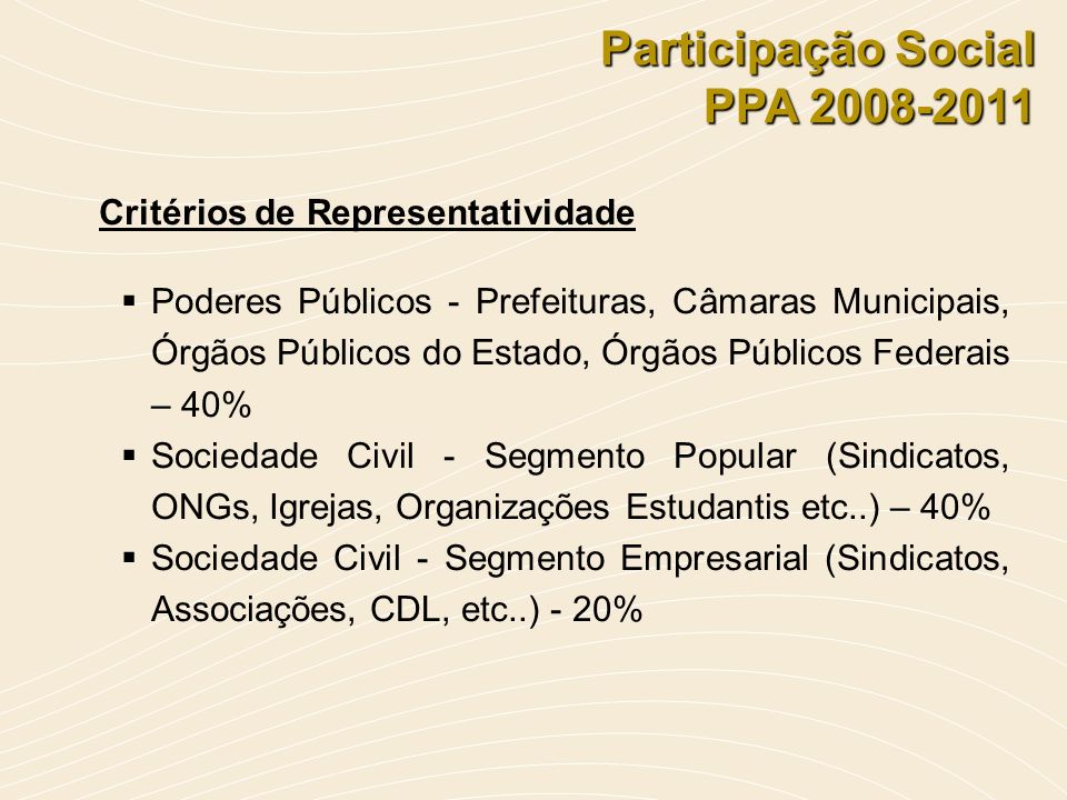 Participação Social PPA Critérios de Representatividade