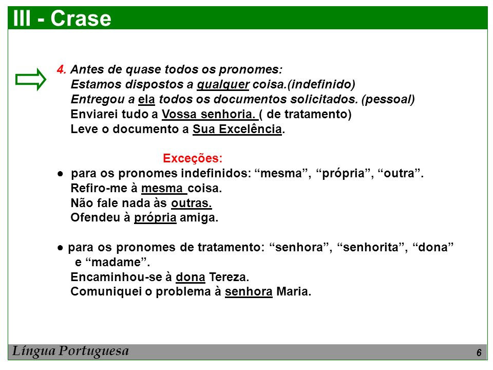III - Crase Língua Portuguesa 4. Antes de quase todos os pronomes: