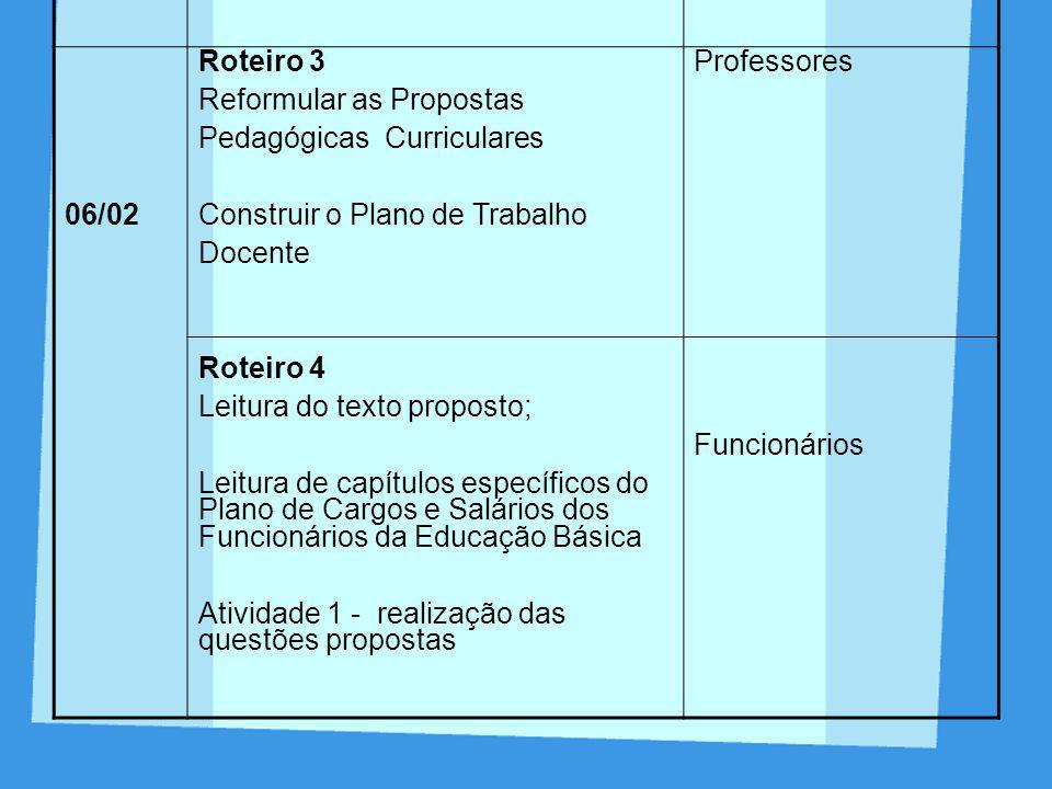 DIA ROTEIRO. PARTICIPANTES. 06/02. Roteiro 3. Reformular as Propostas. Pedagógicas Curriculares.