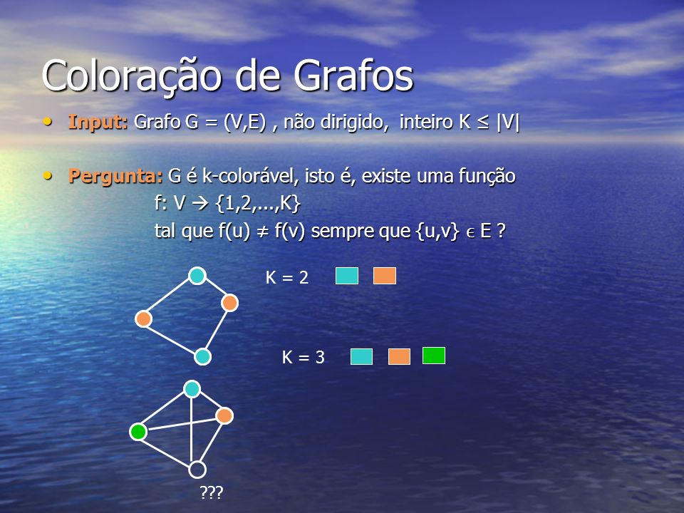 Coloração de Grafos Input: Grafo G = (V,E) , não dirigido, inteiro K ≤ |V| Pergunta: G é k-colorável, isto é, existe uma função.