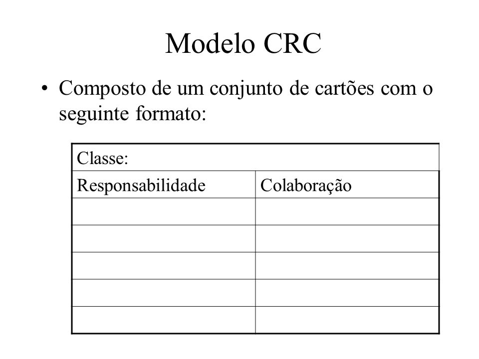 Modelo CRC Composto de um conjunto de cartões com o seguinte formato: