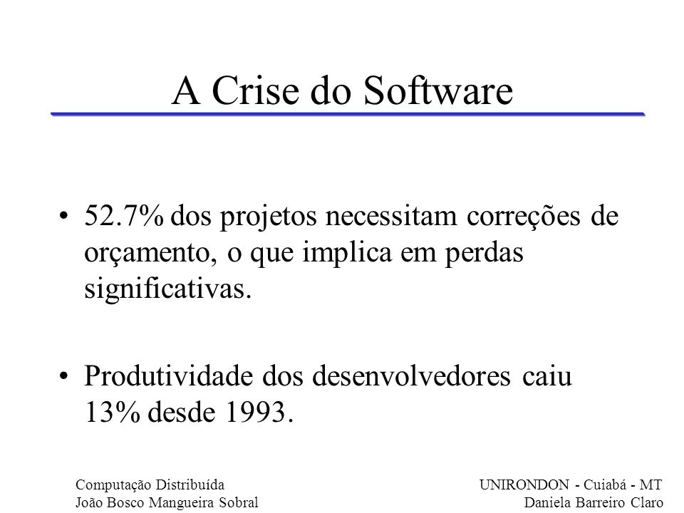 A Crise do Software 52.7% dos projetos necessitam correções de orçamento, o que implica em perdas significativas.