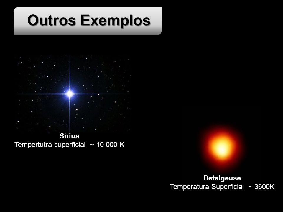Outros Exemplos Sírius Tempertutra superficial ~ K Betelgeuse