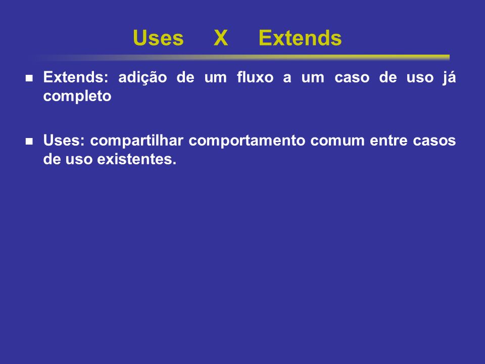 Uses X Extends Extends: adição de um fluxo a um caso de uso já completo.