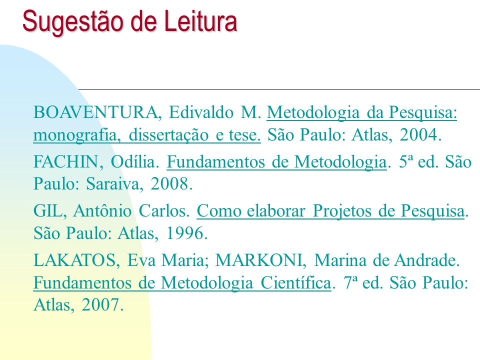 Sugestão de Leitura BOAVENTURA, Edivaldo M. Metodologia da Pesquisa: monografia, dissertação e tese. São Paulo: Atlas,