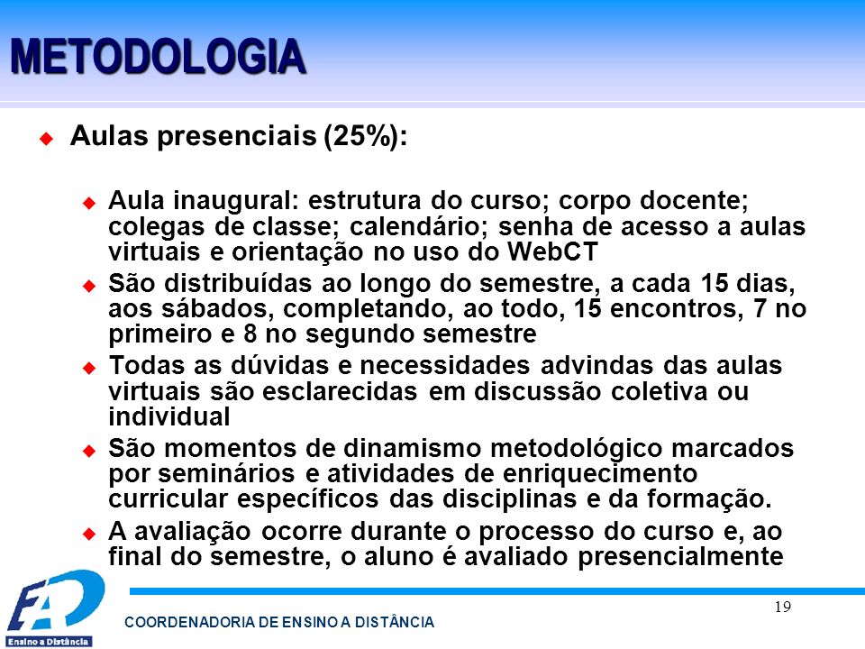 METODOLOGIA Aulas presenciais (25%):