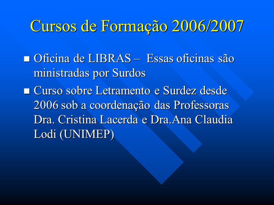Cursos de Formação 2006/2007 Oficina de LIBRAS – Essas oficinas são ministradas por Surdos.