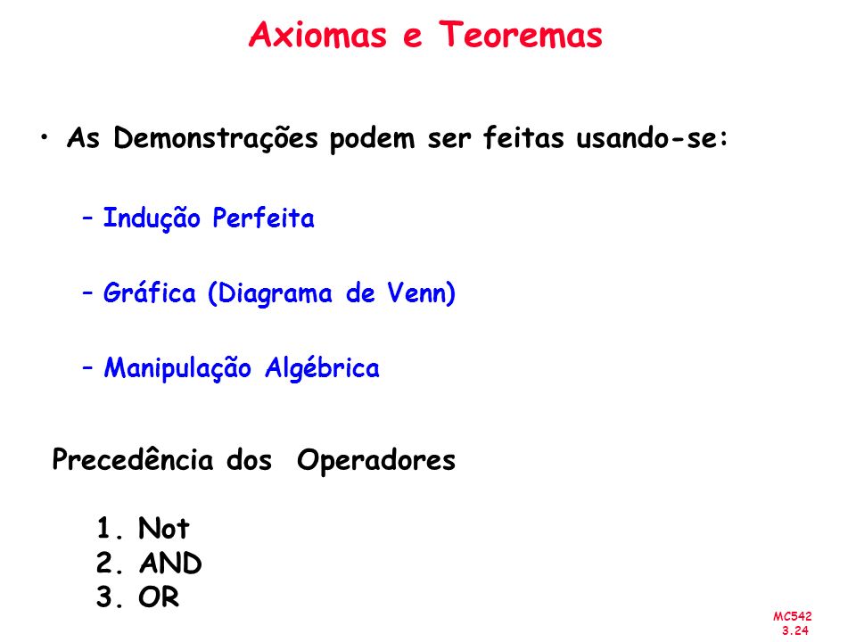 Axiomas e Teoremas As Demonstrações podem ser feitas usando-se:
