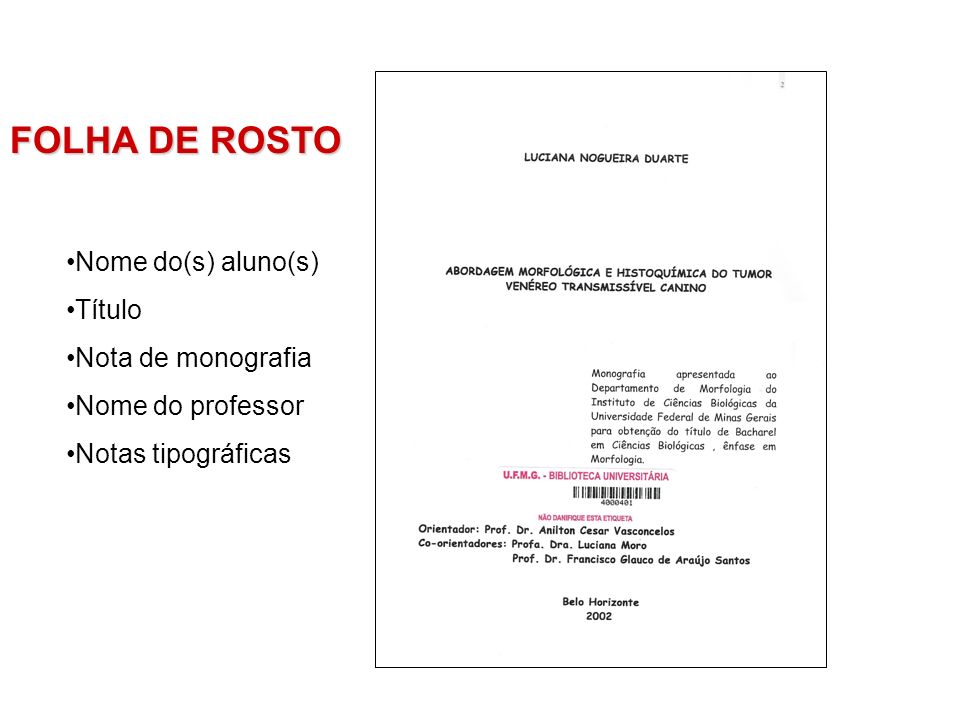 FOLHA DE ROSTO Nome do(s) aluno(s) Título Nota de monografia