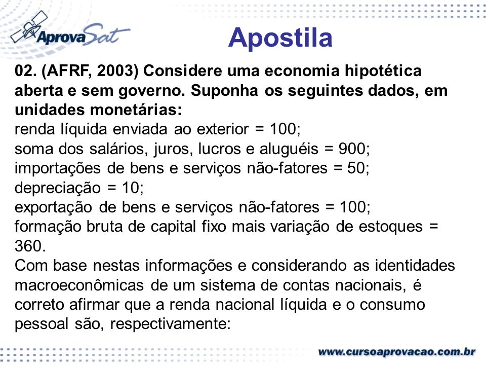 Apostila 02. (AFRF, 2003) Considere uma economia hipotética aberta e sem governo. Suponha os seguintes dados, em unidades monetárias: