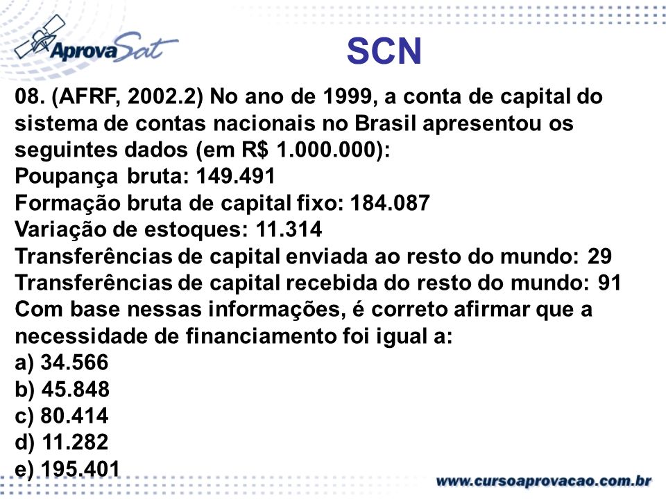 SCN 08. (AFRF, ) No ano de 1999, a conta de capital do sistema de contas nacionais no Brasil apresentou os seguintes dados (em R$ ):