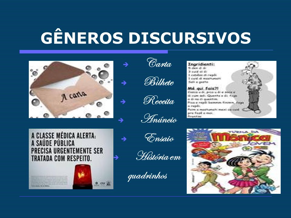 GÊNEROS DISCURSIVOS Carta Bilhete Receita Anúncio Ensaio História em