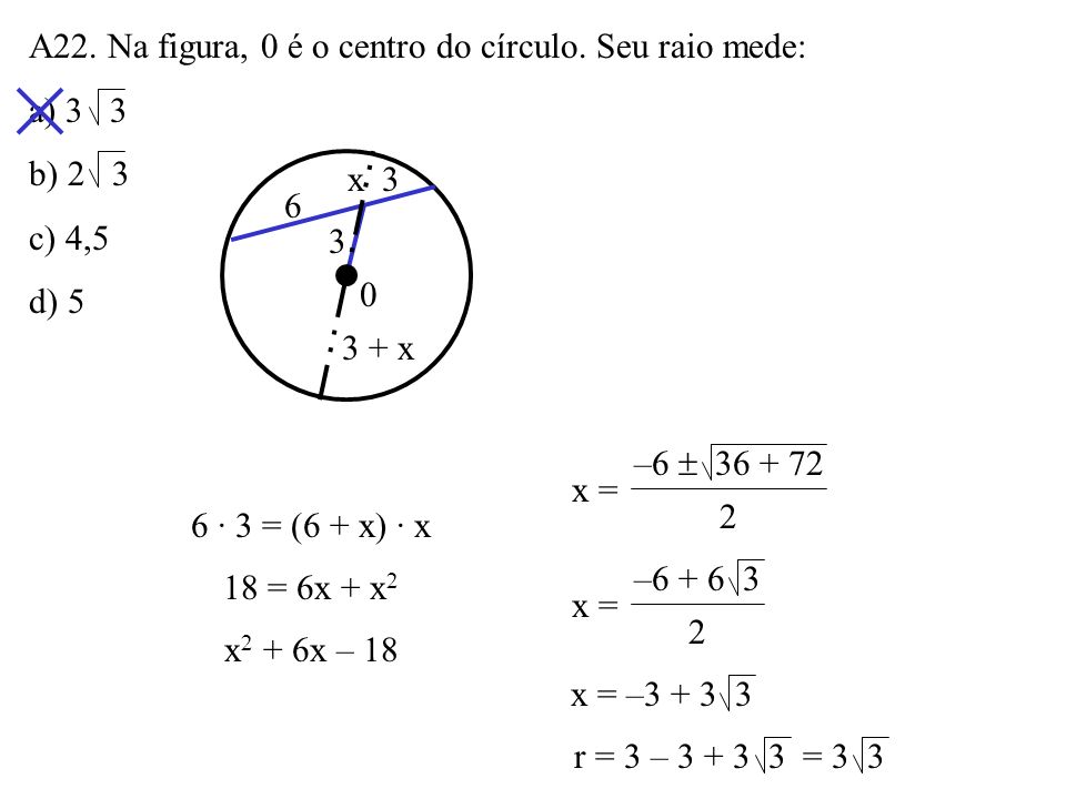 A22. Na figura, 0 é o centro do círculo. Seu raio mede: