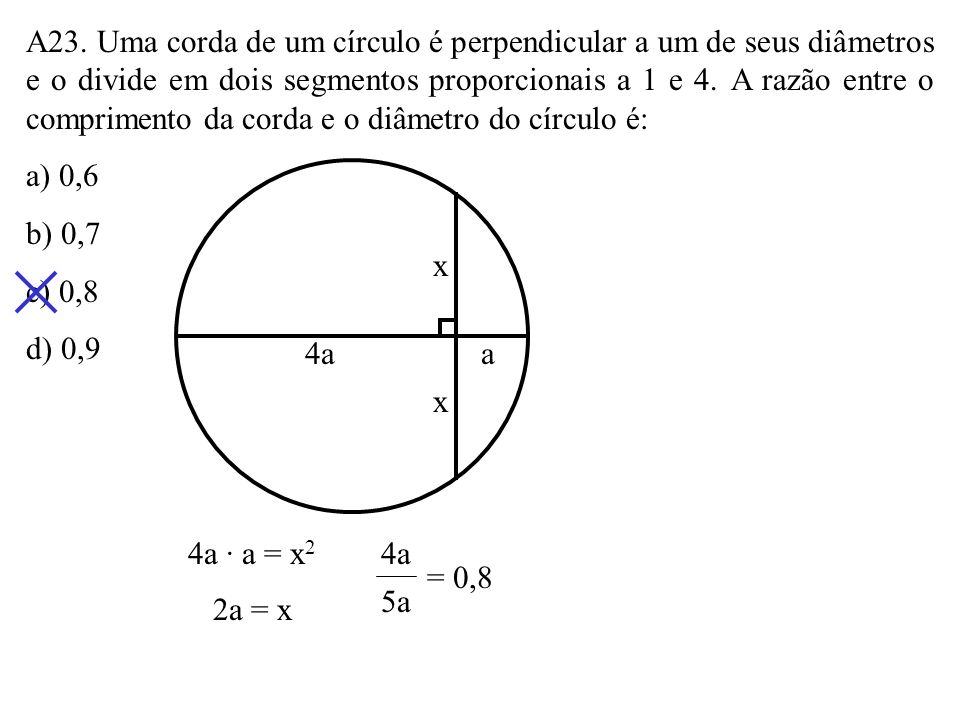 A23. Uma corda de um círculo é perpendicular a um de seus diâmetros e o divide em dois segmentos proporcionais a 1 e 4. A razão entre o comprimento da corda e o diâmetro do círculo é: