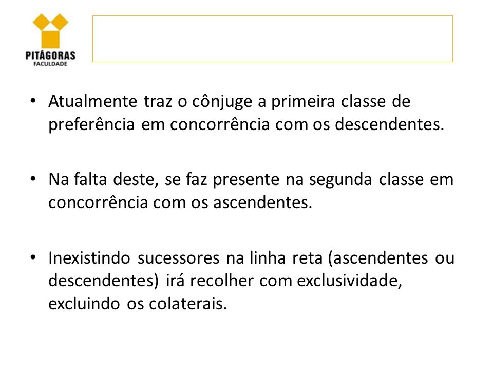Atualmente traz o cônjuge a primeira classe de preferência em concorrência com os descendentes.