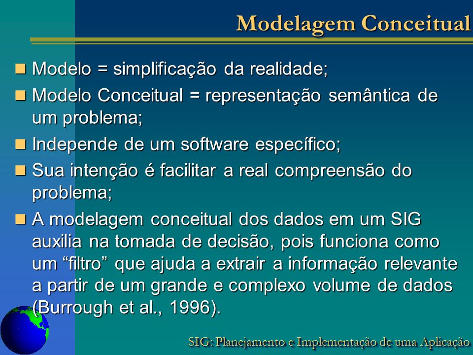 Modelagem Conceitual Modelo = simplificação da realidade;