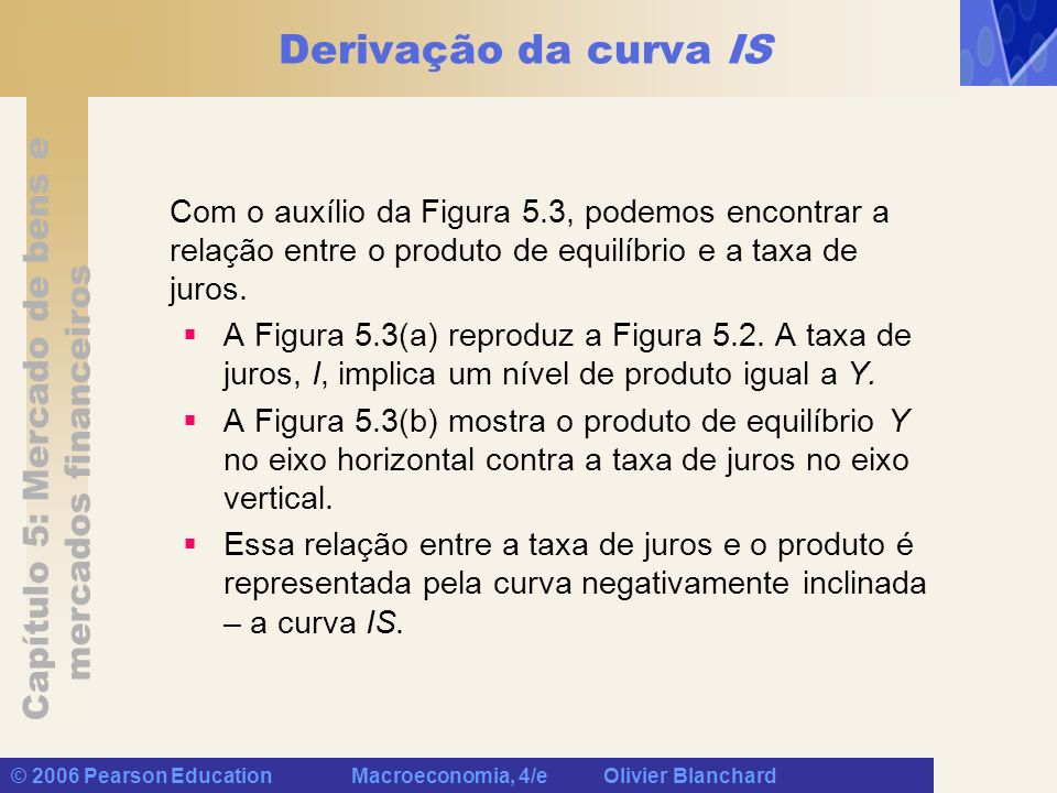Derivação da curva IS Com o auxílio da Figura 5.3, podemos encontrar a relação entre o produto de equilíbrio e a taxa de juros.