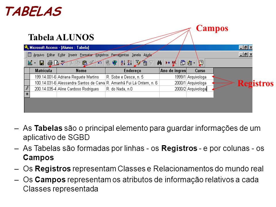 TABELAS Campos Tabela ALUNOS Registros