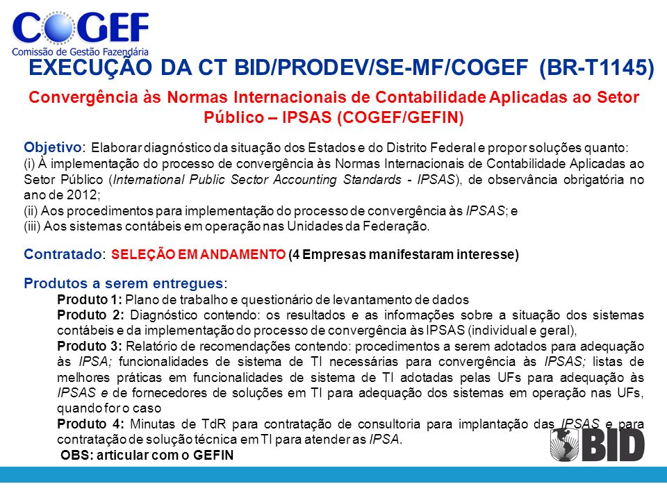 EXECUÇÃO DA CT BID/PRODEV/SE-MF/COGEF (BR-T1145)