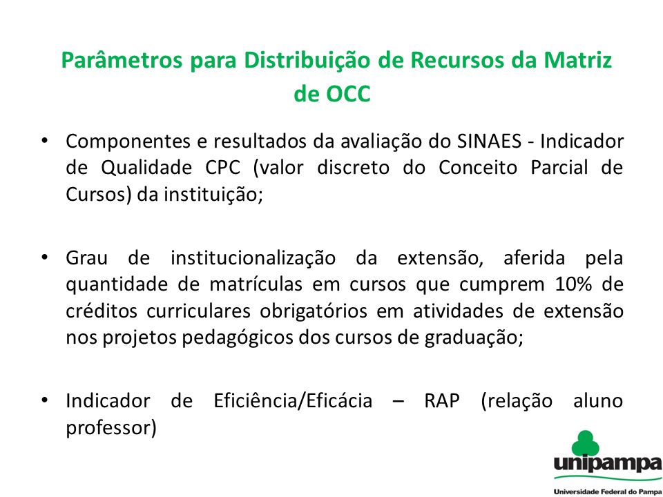 Parâmetros para Distribuição de Recursos da Matriz de OCC