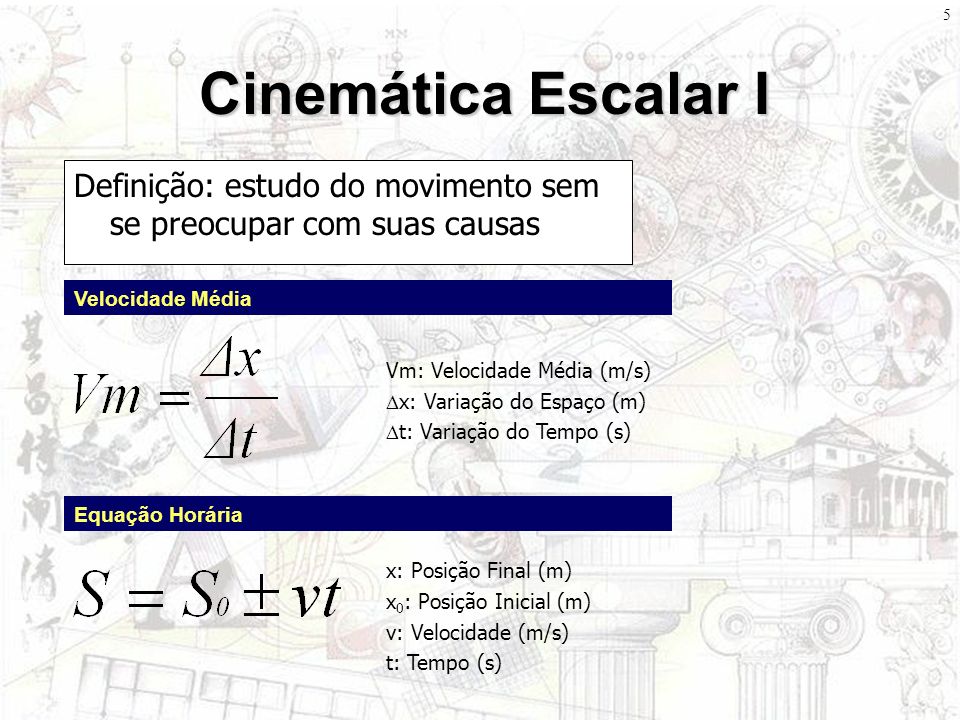 Cinemática Escalar I Definição: estudo do movimento sem se preocupar com suas causas. Velocidade Média.