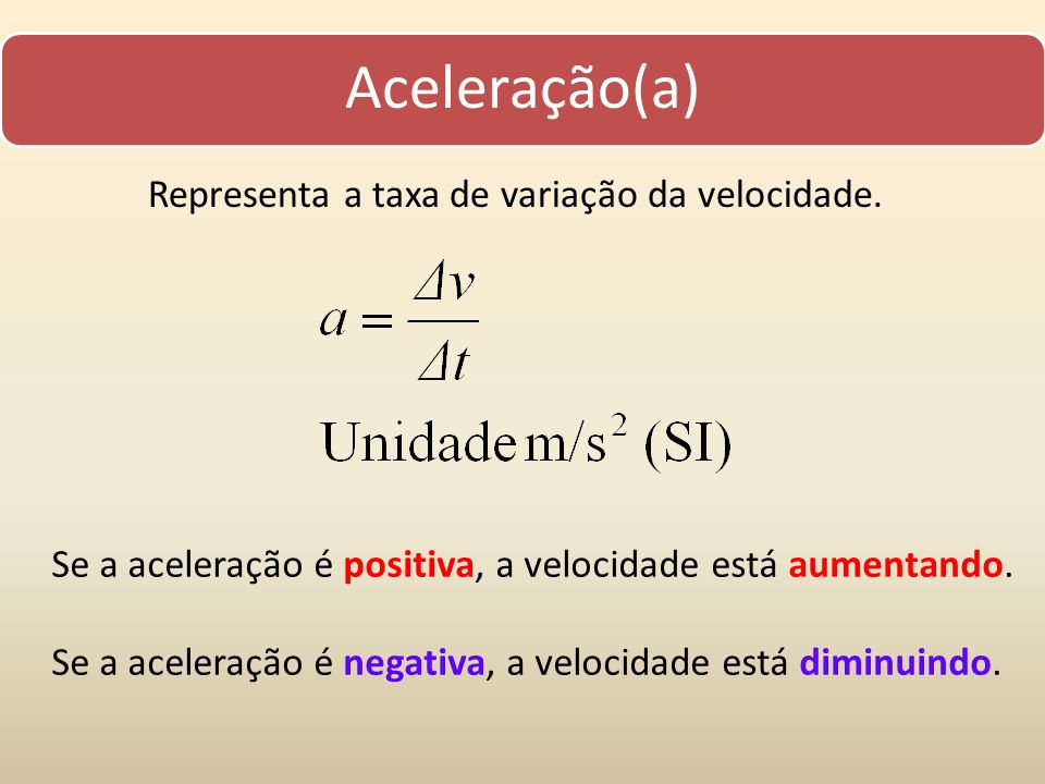 Aceleração(a) Representa a taxa de variação da velocidade.