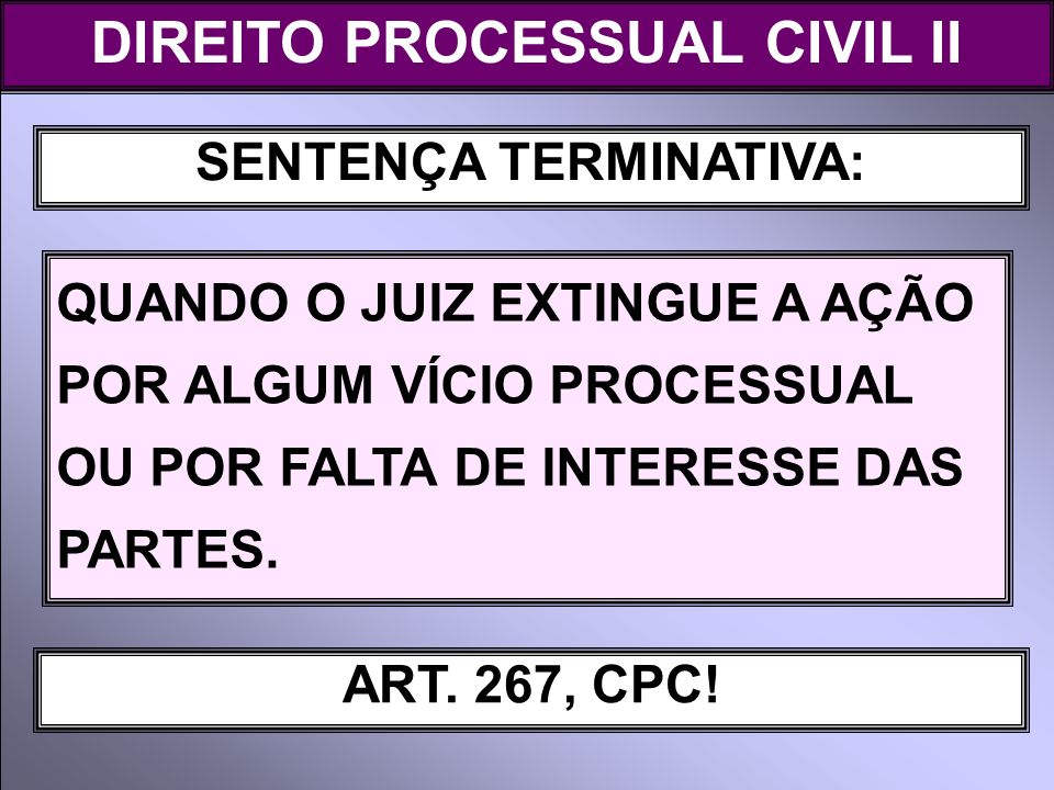 DIREITO PROCESSUAL CIVIL II SENTENÇA TERMINATIVA: