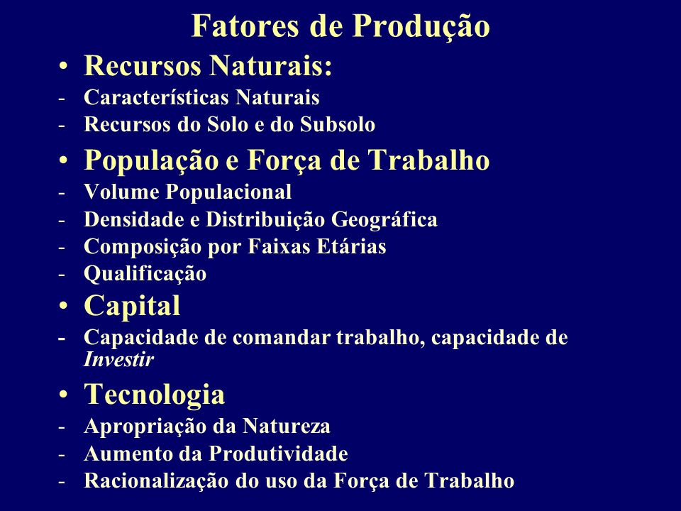 Fatores de Produção Recursos Naturais: População e Força de Trabalho