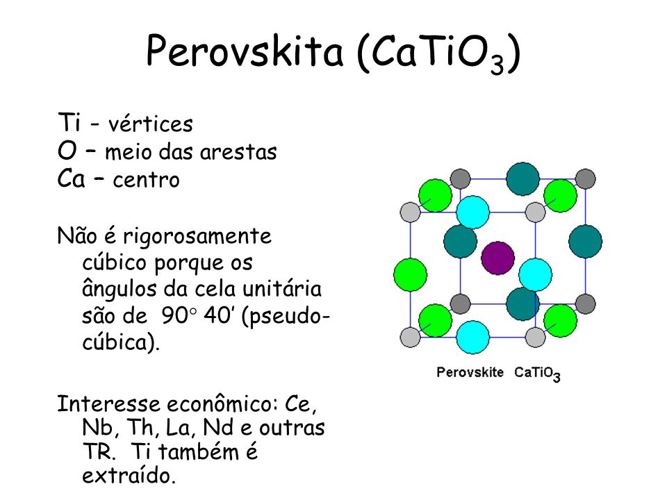 Perovskita (CaTiO3) Ti - vértices O – meio das arestas Ca – centro