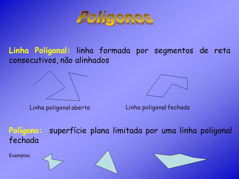 Polígonos Linha Poligonal: linha formada por segmentos de reta consecutivos, não alinhados. Linha poligonal aberta.