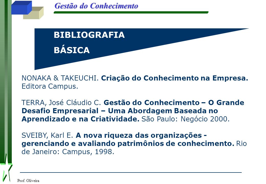 BIBLIOGRAFIA BÁSICA. NONAKA & TAKEUCHI. Criação do Conhecimento na Empresa. Editora Campus.