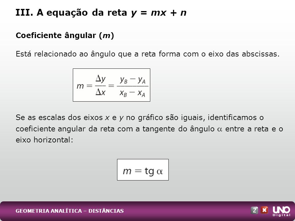 III. A equação da reta y = mx + n