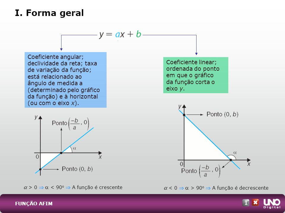 I. Forma geral Coeficiente angular; declividade da reta; taxa