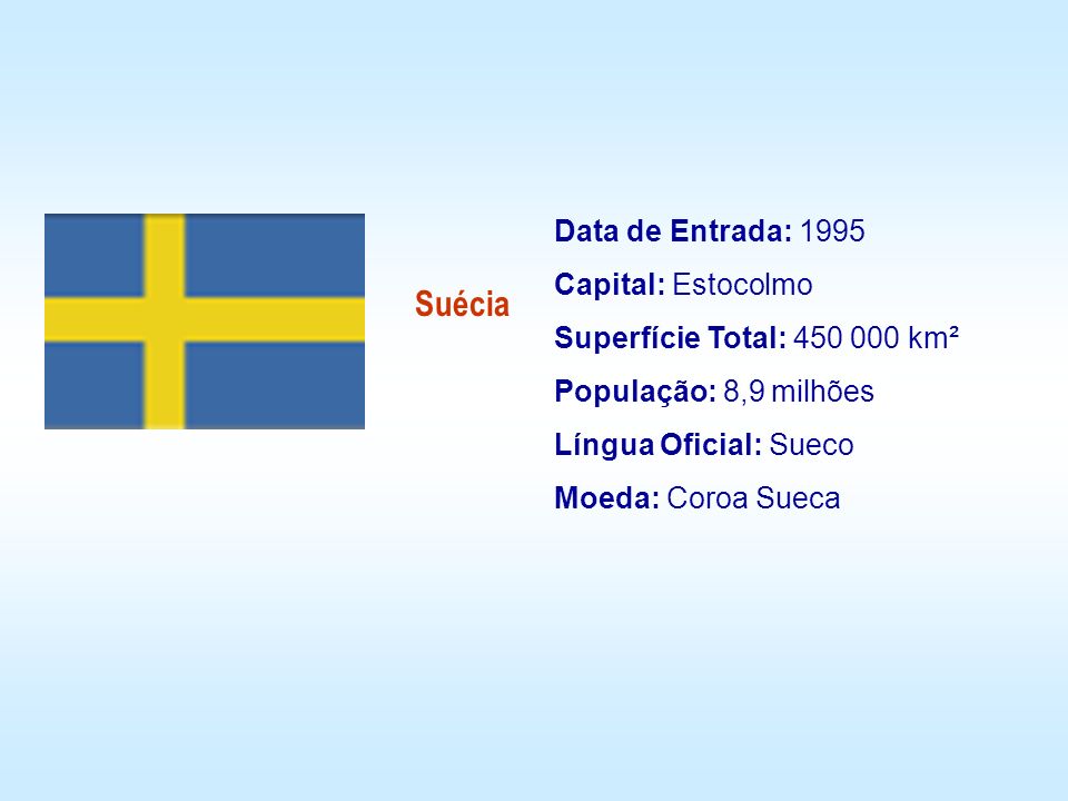 Data de Entrada: 1995 Capital: Estocolmo Superfície Total: km² População: 8,9 milhões Língua Oficial: Sueco Moeda: Coroa Sueca