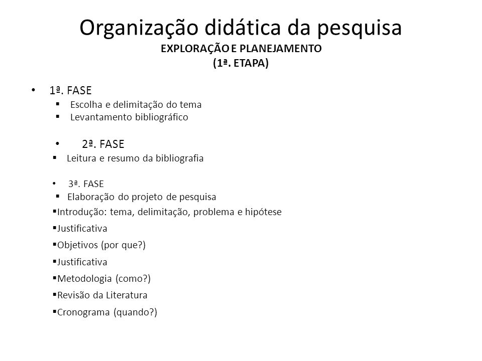 Organização didática da pesquisa EXPLORAÇÃO E PLANEJAMENTO (1ª. ETAPA)
