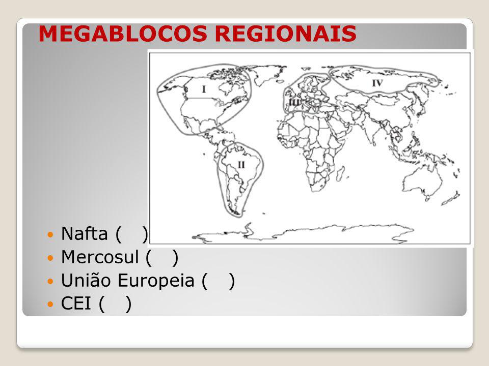 MEGABLOCOS REGIONAIS Nafta ( ) Mercosul ( ) União Europeia ( ) CEI ( )