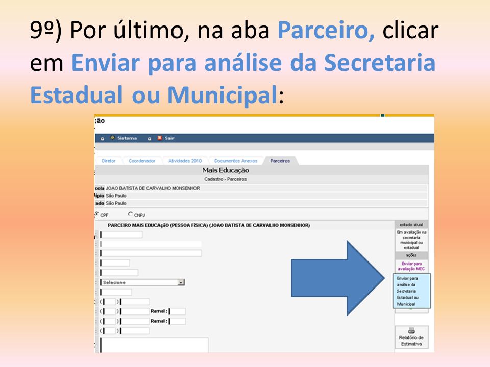 9º) Por último, na aba Parceiro, clicar em Enviar para análise da Secretaria Estadual ou Municipal:
