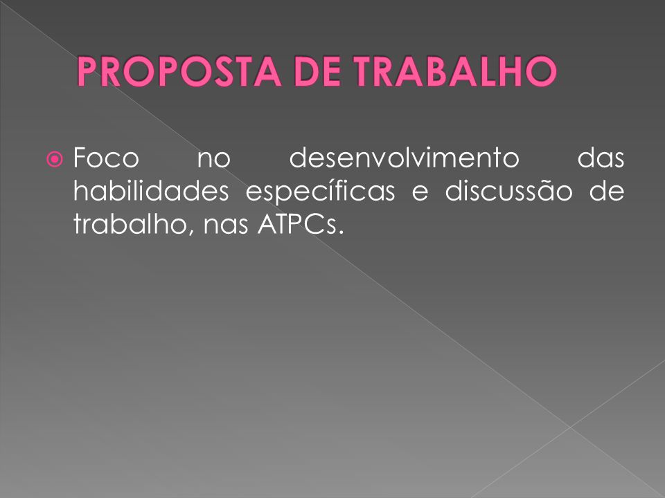 PROPOSTA DE TRABALHO Foco no desenvolvimento das habilidades específicas e discussão de trabalho, nas ATPCs.