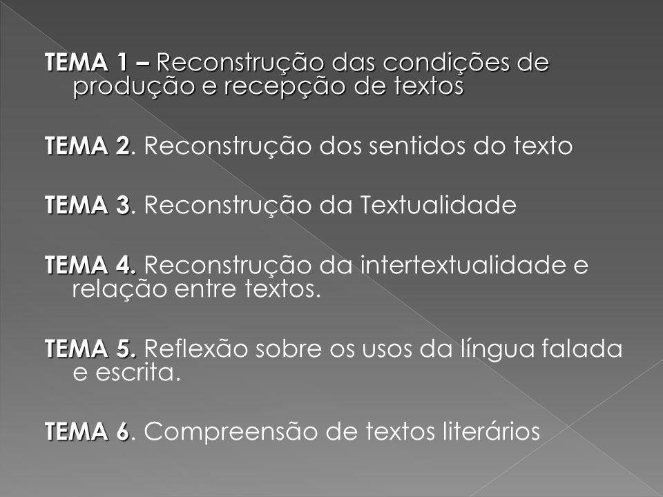 TEMA 1 – Reconstrução das condições de produção e recepção de textos TEMA 2.