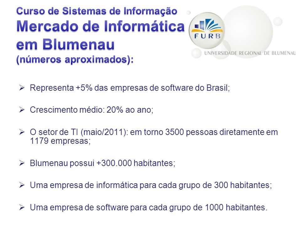 Curso de Sistemas de Informação Mercado de Informática em Blumenau (números aproximados):