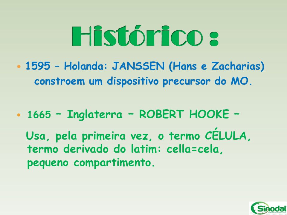 Histórico : 1595 – Holanda: JANSSEN (Hans e Zacharias) constroem um dispositivo precursor do MO – Inglaterra – ROBERT HOOKE –
