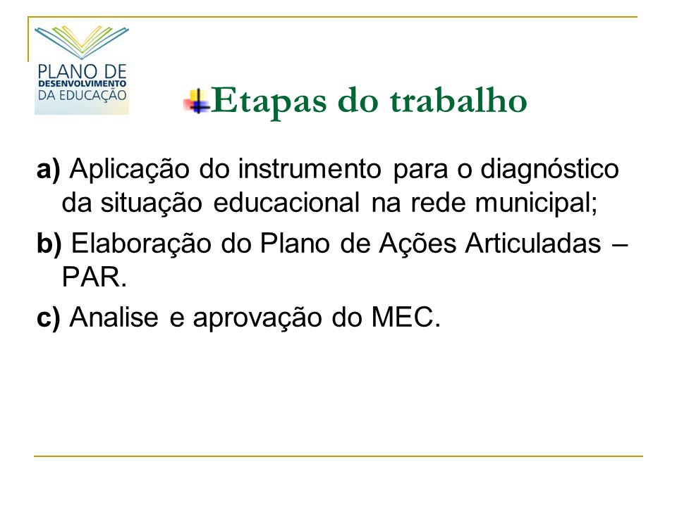Etapas do trabalho a) Aplicação do instrumento para o diagnóstico da situação educacional na rede municipal;