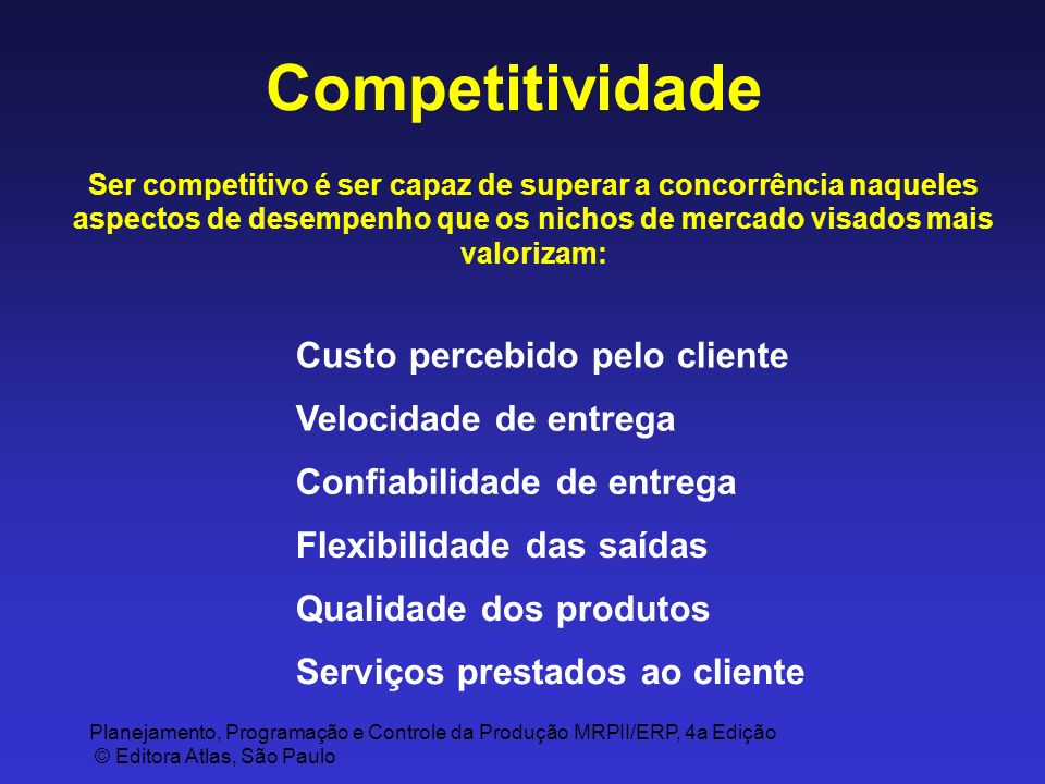 Competitividade Custo percebido pelo cliente Velocidade de entrega