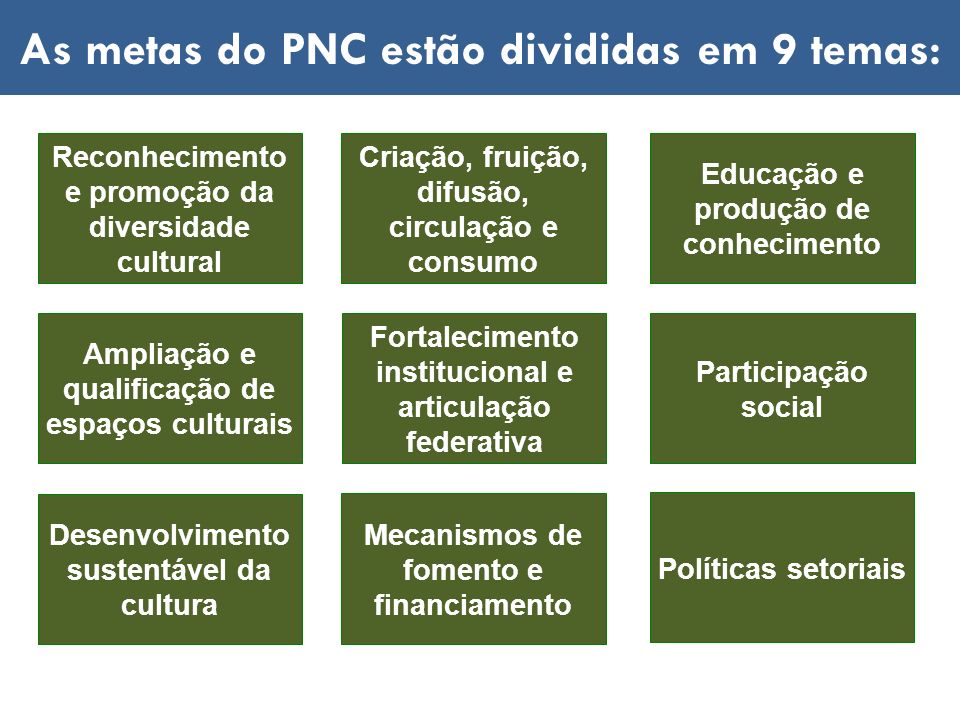 As metas do PNC estão divididas em 9 temas: