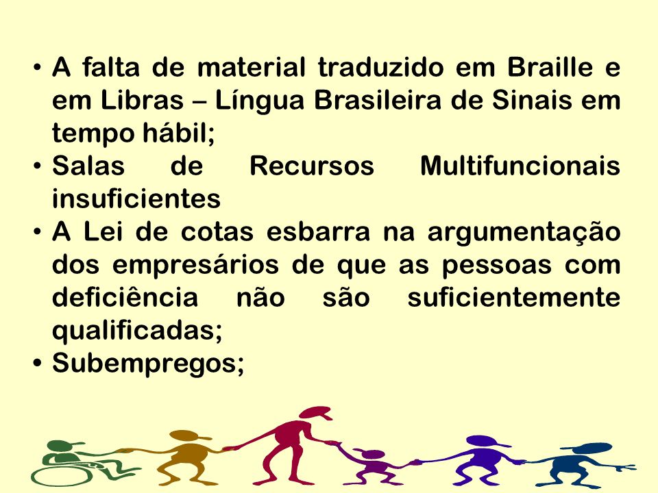 A falta de material traduzido em Braille e em Libras – Língua Brasileira de Sinais em tempo hábil;