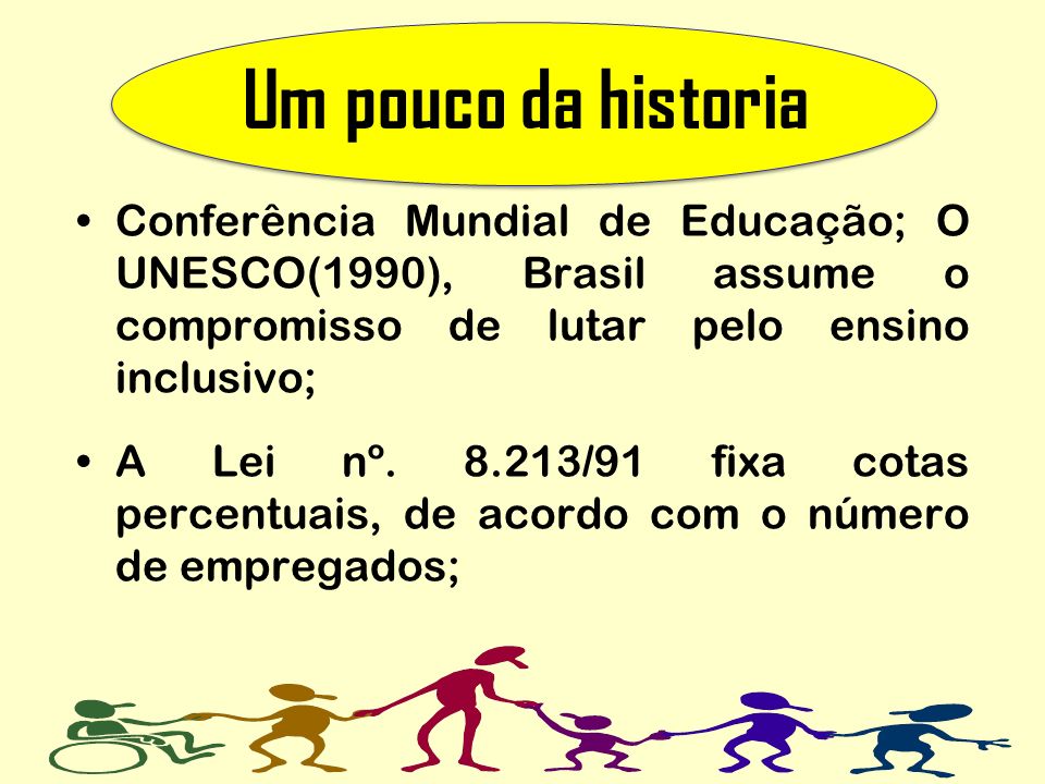 Um pouco da historia Conferência Mundial de Educação; O UNESCO(1990), Brasil assume o compromisso de lutar pelo ensino inclusivo;