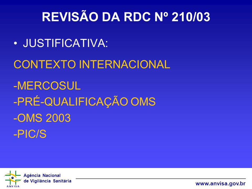 REVISÃO DA RDC Nº 210/03 JUSTIFICATIVA: CONTEXTO INTERNACIONAL