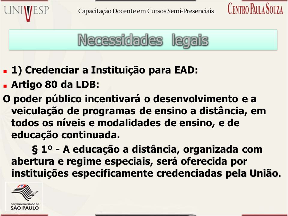 Necessidades legais 1) Credenciar a Instituição para EAD: