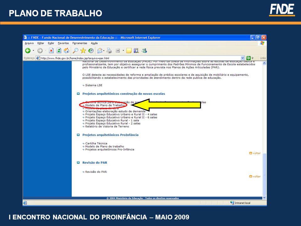 PLANO DE TRABALHO I ENCONTRO NACIONAL DO PROINFÂNCIA – MAIO 2009