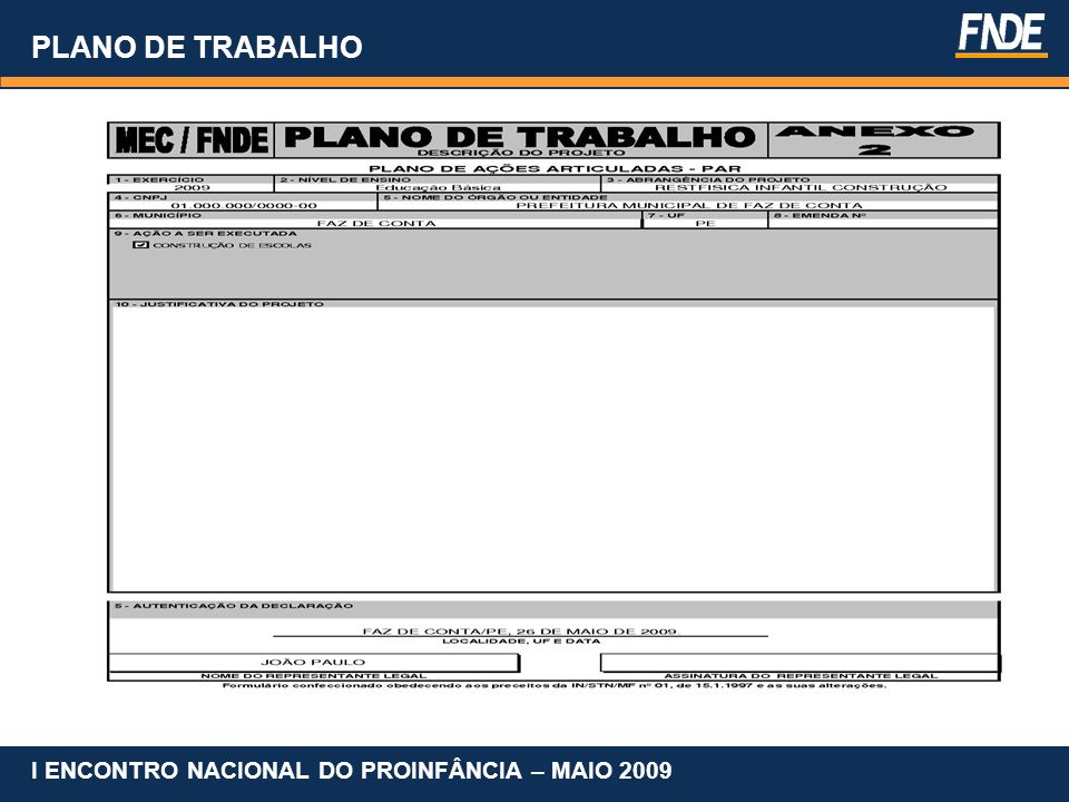 PLANO DE TRABALHO I ENCONTRO NACIONAL DO PROINFÂNCIA – MAIO 2009